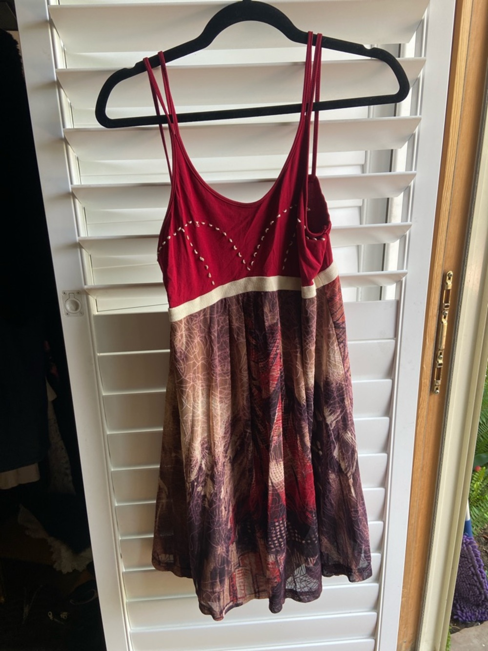 Red Spaghetti Strap Summer Dress with Multi-Color Print Skirt